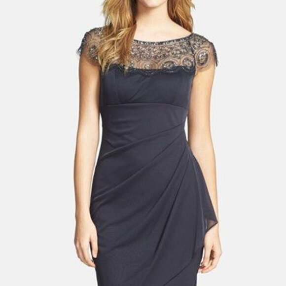 Cache Embellished Yoke Ruched Mesh Sheath Dress - Picture 14 of 16